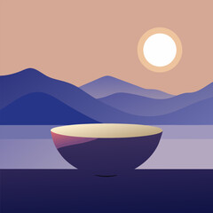 Japanese-Inspired Vector Illustration Depicting a Desert Landscape with a Ceramic Bowl, Creamy Clouds and Warm Beige Background