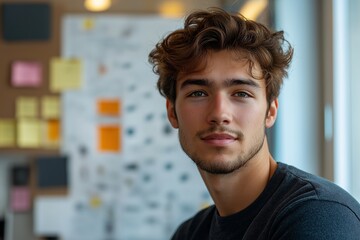 Obraz premium Young Professional Male in Modern Workspace Casual Portrait of Creative Student with Stylish Hairstyle, Engaged in Team Collaboration and Design Thinking