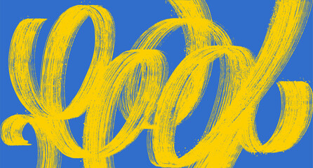 Grainy hand drawn distress damaged edge art banner with spiral bold line. Yellow art spiral brush stroke with spray texture. Vector grainy bold brush strokes abstract with scattered tiny dots.