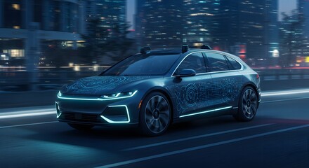 Futuristic Self-Driving Car on City Road at Night - Autonomous Vehicle Technology