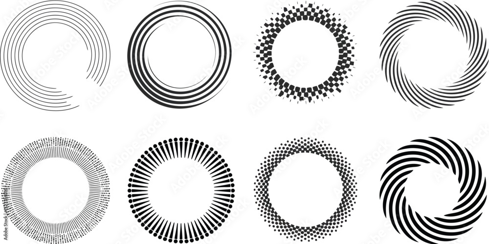 Poster eight circular designs with varying patterns on a white background layout