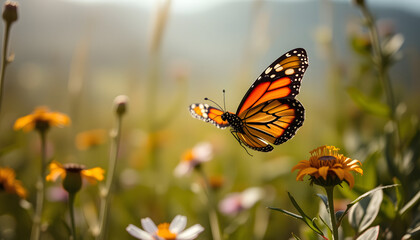 Graceful butterfly fluttering freely in nature, dinamic scene. White tone