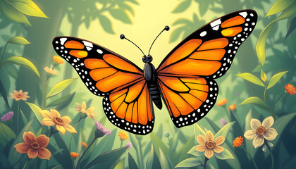 Fluttering butterfly amidst nature's embrace. White tone