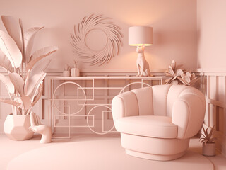 Luxury Interior. Modern art deco plain living room interior 3D illustration