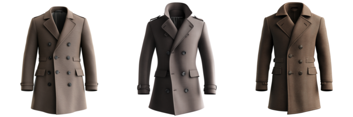 Set of Crisp stock image of a gray overcoat displayed against a white backdrop on pure on transparent png background. Ai generated