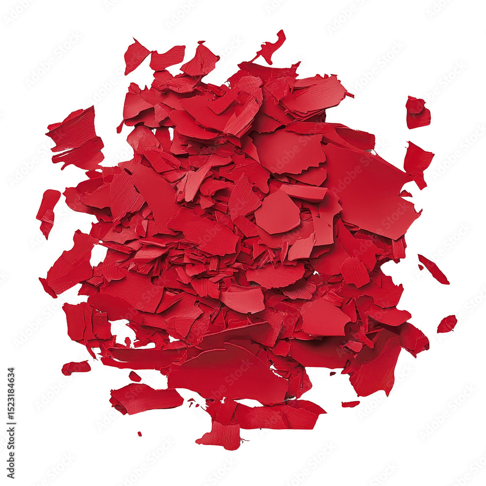 Poster pile of vibrant red paint chips is scattered against plain background, creating striking contrast. t