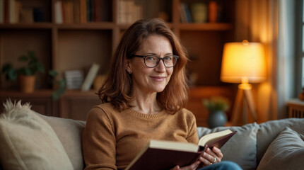 Obraz premium Middle-aged woman reading a book on a cozy sofa at home, smiling warmly