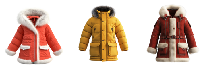 Set of Fashion apparel stock image of a yellow jacket with fur-lined hood, arms extended on pure on transparent png background. Ai generated