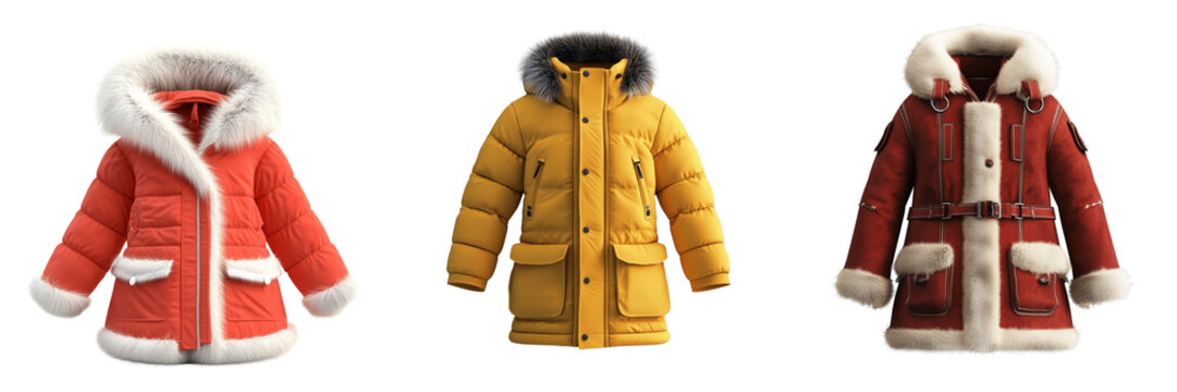 Set of Fashion apparel stock image of a yellow jacket with fur-lined hood, arms extended on pure on transparent png background. Ai generated