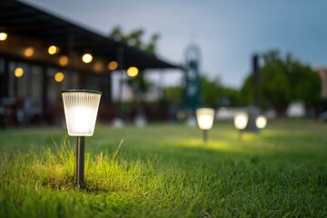 Solar lamps illuminate a green lawn during a sunny summer afternoon, creating a warm and inviting atmosphere near an outdoor cafe