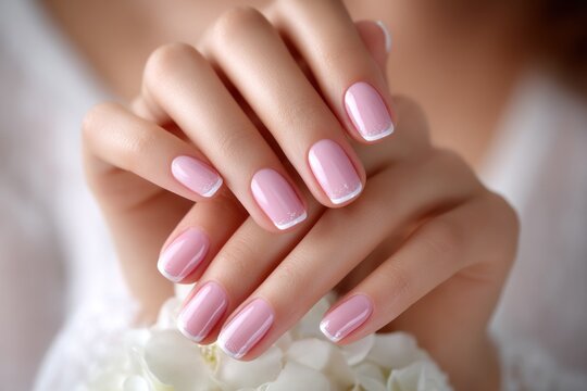 Beautifully manicured nails feature a classic French design with a delicate pink color and crisp white tips, perfect for any occasion