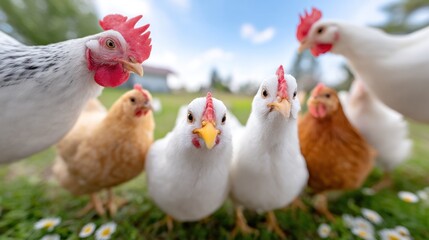 Fototapeta premium Various chickens are gathered in a circle, pecking the ground and socializing under a clear blue sky in a vibrant garden