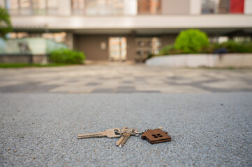Keys with House Keychain Left on Paved Path. 