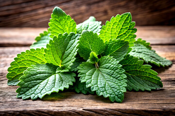 Fresh Mint Leaves Close-Up on Rustic Wooden Table. Created with AI Generative