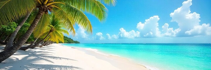 Fototapeta premium Sun-drenched beach scene with vibrant turquoise water, palm trees swaying gently in the breeze, and soft white sand Perfect for summer vacation imagery , sky, summer, relaxation