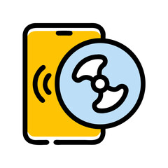 Smart home app controls fan speed. Smartphone application interface shows control of ventilation system. Modern technology for home automation.