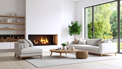Obraz premium Modern Minimalist Living Room with Fireplace and Garden View