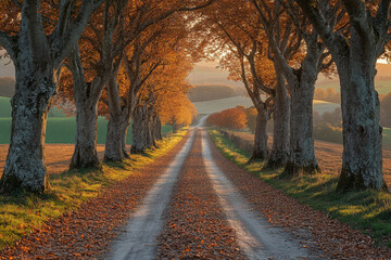 Dirt road lined with trees and leaves.