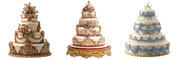 Set of High-resolution stock photo of an elegant wedding cake with intricate lace patterns on pure on transparent png background. Ai generated