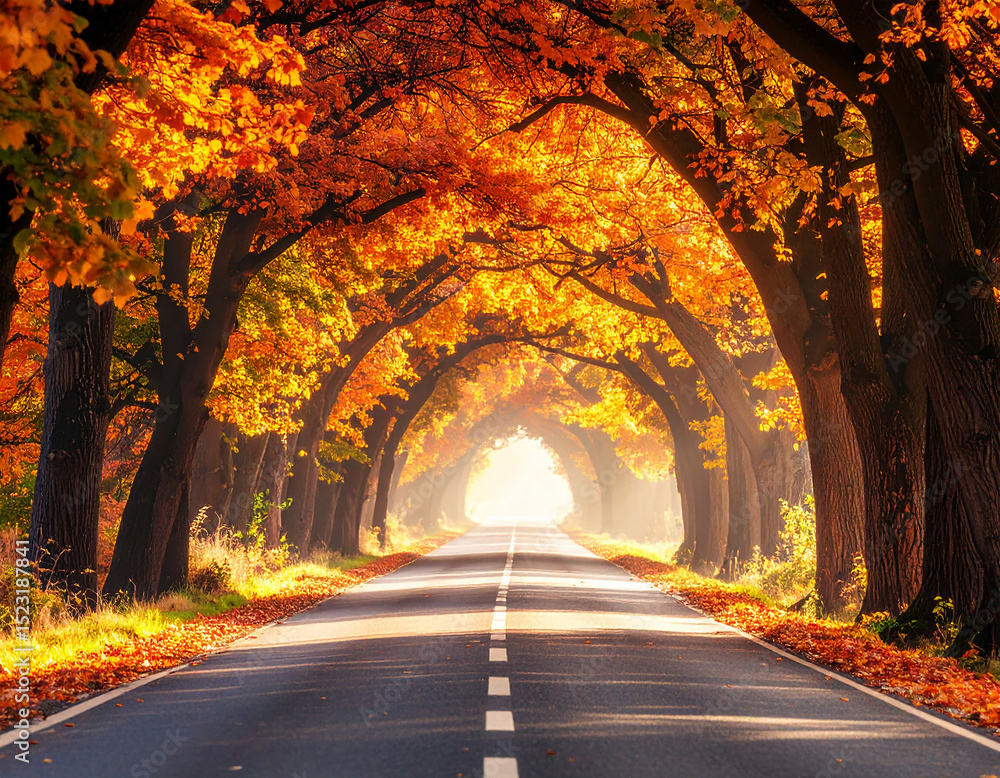 Poster autumn road with tunnel of colorful trees isolated on transparent background
