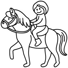 Fototapeta premium Child riding pony illustration. Happy kid enjoys pony ride. Cute cartoon character on horseback. Perfect child riding pony image for children books, greeting cards, or website design.