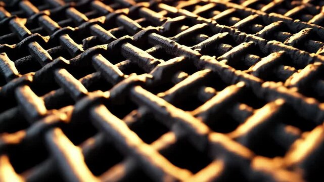 The dark texture of the mesh made of metal rods.