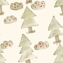 Hand drawn seamless pattern with bushes and fir trees.