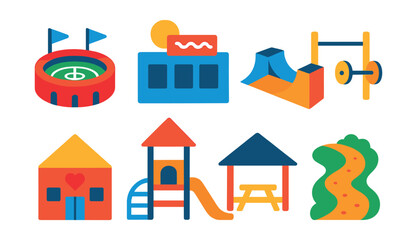 Flat vector icons of recreational infrastructure: sports stadium icon, swimming pool building, skatepark ramps, outdoor gym setup, community center icon, playground structure, picnic shelter, bike