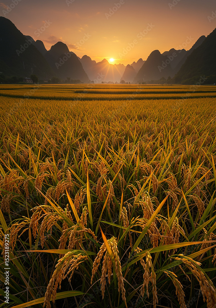 Poster rice fields at sunset isolated on transparent background