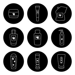 Collection of skincare and grooming products displayed in circular icons featuring minimalist design. Each item is represented as a simple illustration within black circular shapes, emphasizing beauty