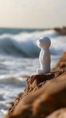 Small white figurine stands on a coastal rock.
