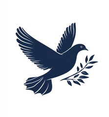 Obraz premium Dark-blue silhouette of a dove in flight, with olive branch