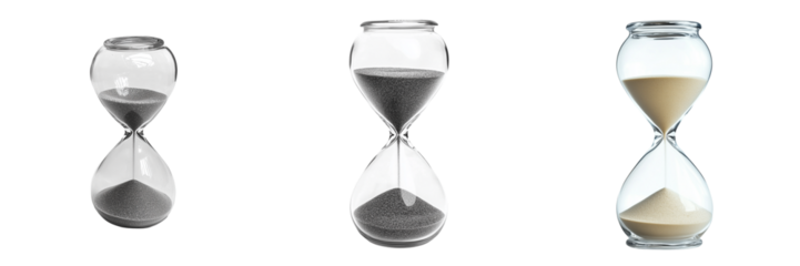 Set of Real photo of an elegant antique hourglass with delicate sand flow, perfectly centered on a clean on pure on transparent png background. Ai generated