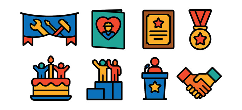 Flat vector icons of labor appreciation and celebration: Labor Day banner, thank-you card to workers, appreciation award plaque, best employee medal, team celebration cake, workforce milestone icon,