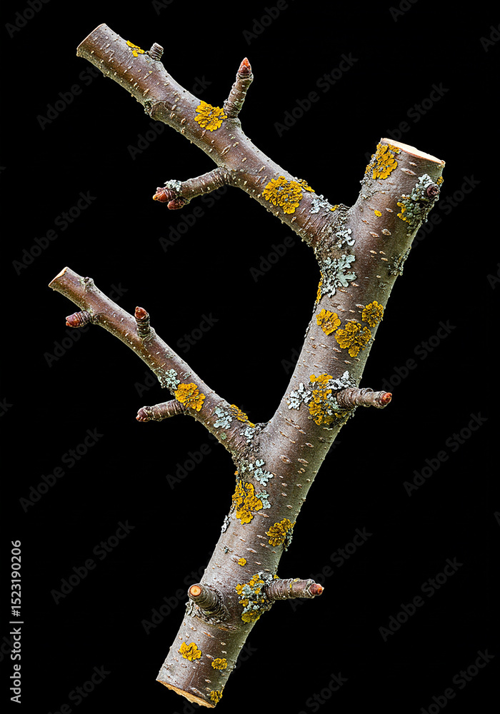 Poster tree branch with yellow and grey lichen isolated on transparent background