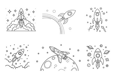 Naklejka premium Rocket illustrations flying in space with stars and planets 