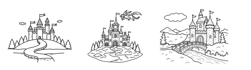 Three castle illustrations with a dragon flying above in a fairytale concept of children's coloring set  