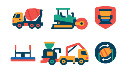 Flat vector icons of concrete and asphalt machines: concrete mixer truck, paver machine icon, road roller with drum, asphalt spreader badge, screed unit symbol, curb machine, cement pumping vehicle,