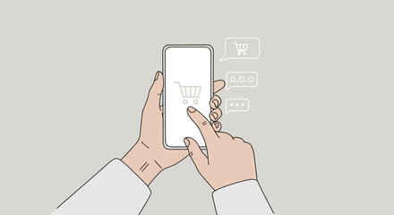  Hands holding smartphone with shopping cart icon for ecommerce and digital retail apps with copy space