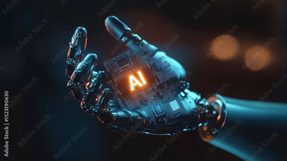 Poster a futuristic robotic hand is presenting an advanced ai chip featuring intricate digital elements and