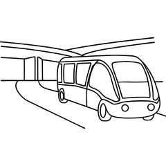Electric shuttle at airport terminal. Modern electric shuttle bus provides fast and convenient airport transportation. Eco-friendly electric shuttle offers passengers comfortable travel experience.