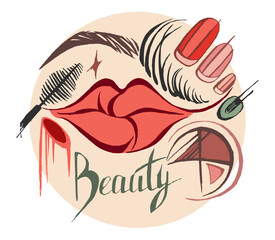 Makeup products realistic vector illustration. Facial cosmetics isolated on abstract geometric background. Advertising mockup, beauty banner template for online store, offer, sale, branding.