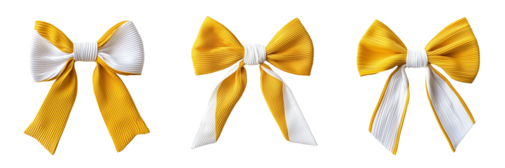 Set of Realistic photo of a glossy gift bow with polka dots in pink, blue, and yellow colors, shot in a studio setup on pure on transparent png background. Ai generated