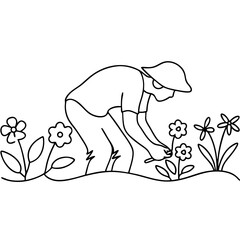 Obraz premium Gardener planting flowers in garden. Person tending flowers and plants, showing care and dedication. Gardening concept image for blogs, websites, and publications.