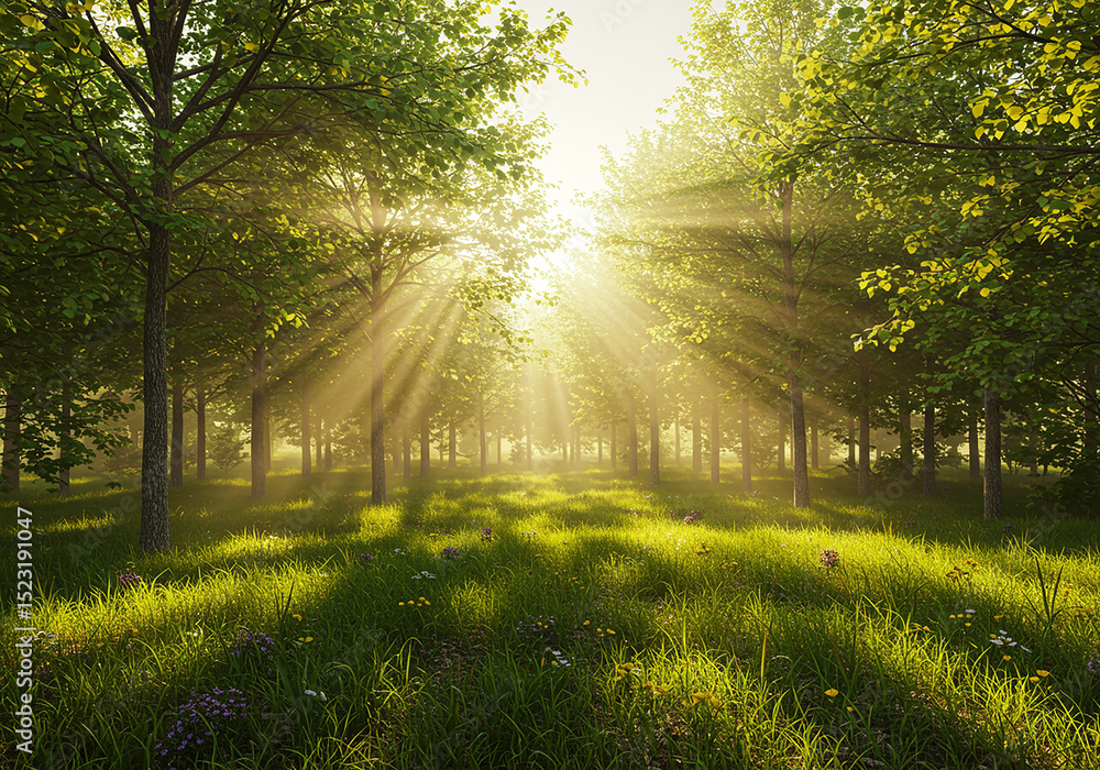 Poster sunlight through trees in a lush green forest isolated on transparent background
