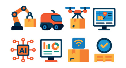 Flat vector icons of logistics automation and tech: warehouse robot arm, autonomous delivery vehicle, drone with package, logistics management software screen, AI routing icon, digital logistics