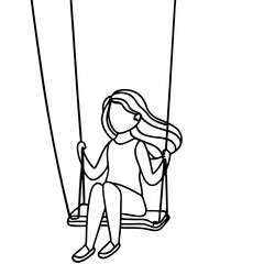 Girl sitting on swing set. Child enjoys carefree playtime on playground swing. Simple line art illustration of girl on swing, perfect for children's book illustrations or website design.