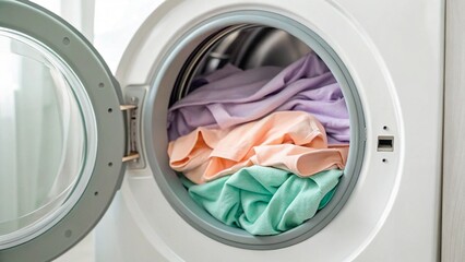 This inviting image captures "an open washing machine drum filled with soft, pastel-colored garments like light pink, lavender, and pale green shirts
