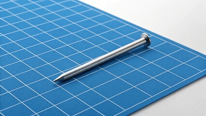 This clean and direct image features "a long, slender nail positioned on a bright blue mat marked with a square grid