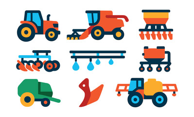 Flat vector icons of agricultural machinery: tractor icon, combine harvester, plowing machine, seed drill cart, irrigation system boom, baler unit, cultivator blade, crop sprayer vehicle.